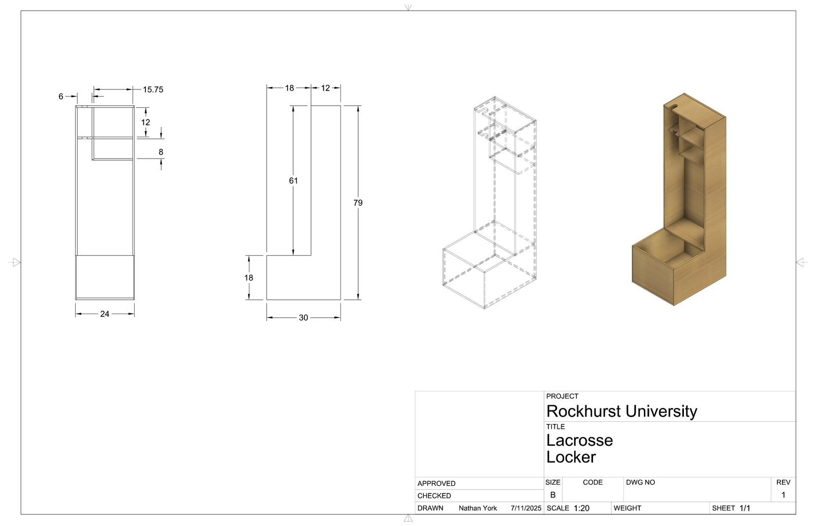 Shop drawing of the lacrosse locker with front and side elevations and 3D views
