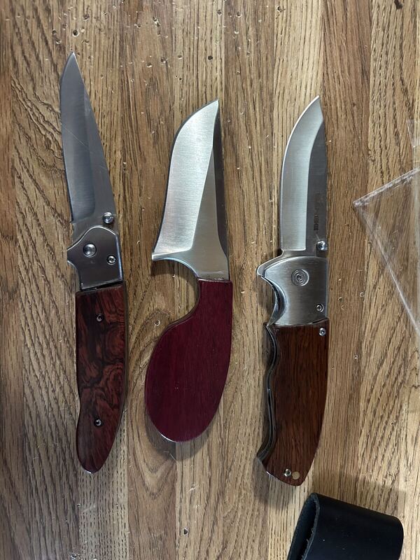 Three knives with custom wood handle scales